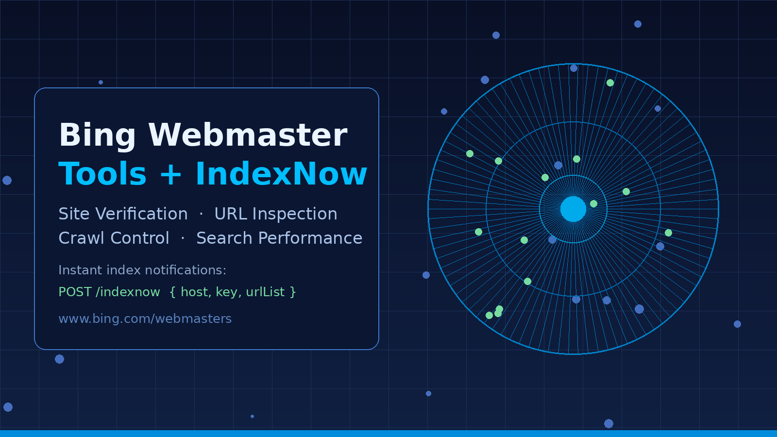 Bing Webmaster Tools and IndexNow guide cover: radar sweep and submission flow illustration